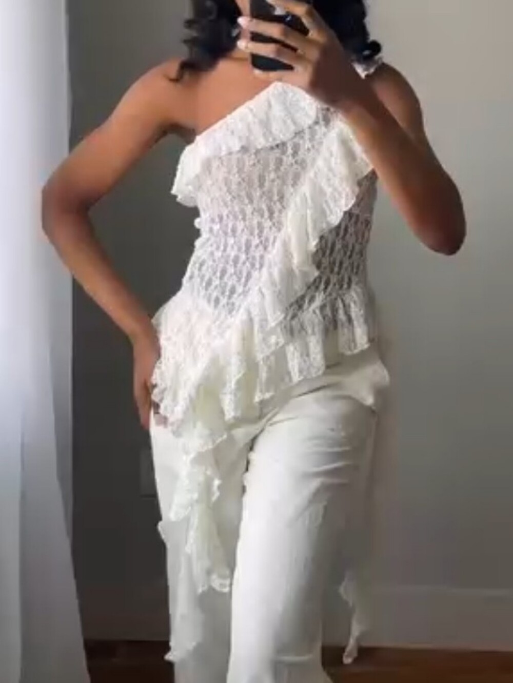 Zara Lace Asymmetric Ruffled Stretchy Top White M NWT - Picture 4 of 14